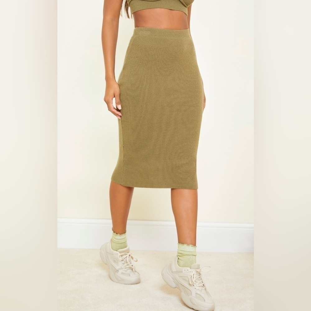 Olive Green Ribbed Knitted Midi Skirt - Picture 2 of 7